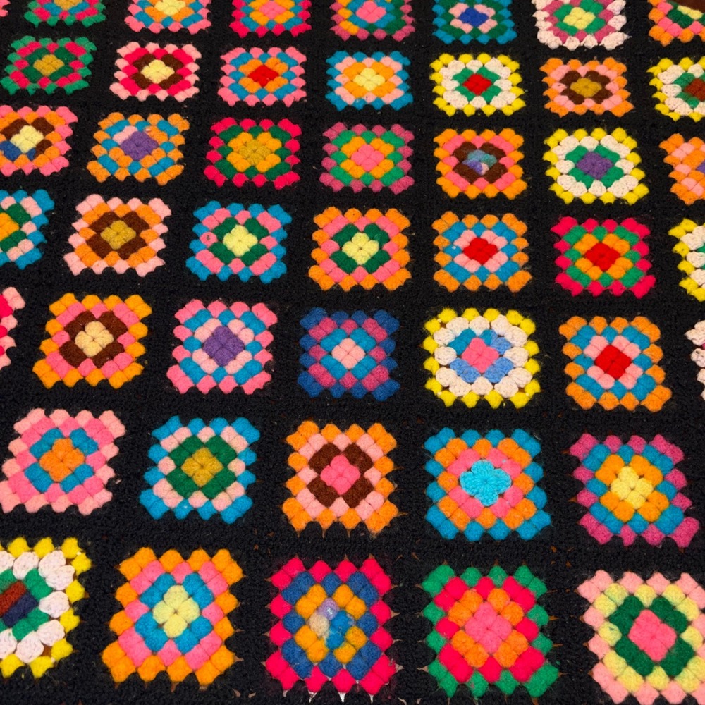Vintage Handmade Crochet Granny Square Blanket Black Multi Bobble Stitch 60x49